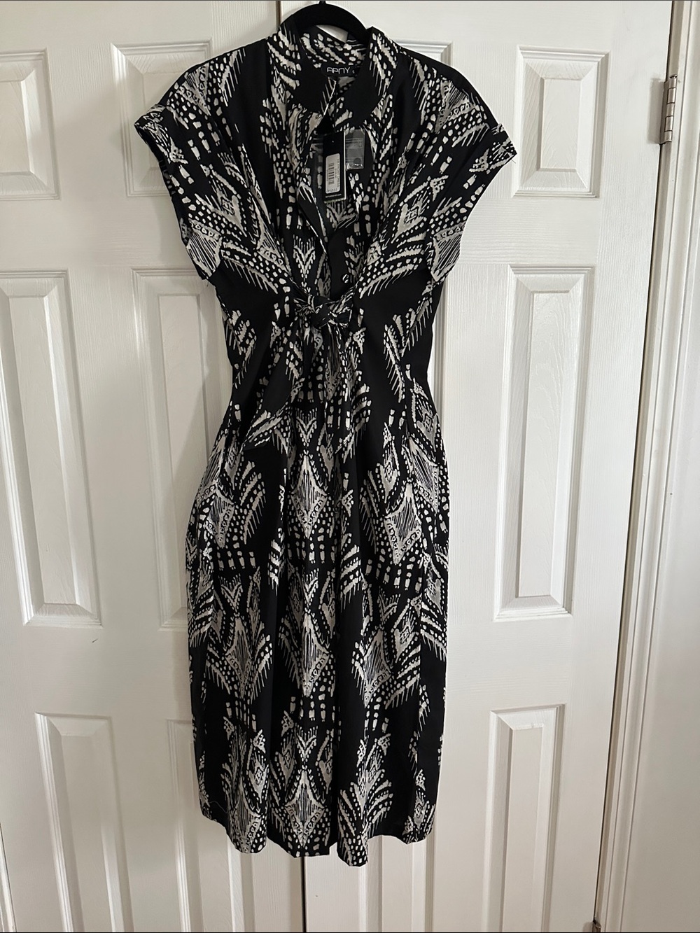 Black & White Patterned Tie-Front Dress